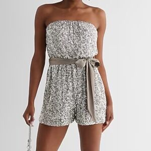 EXPRESS Sequin Strapless Tie Waist Romper - Silver